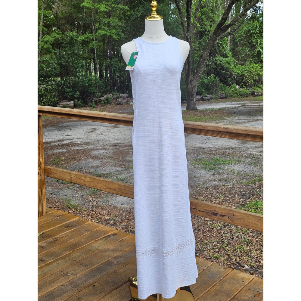 Halara White Sleeveless Maxi Dress Boho Chic Crochet Cutout Trim Ribbed Knit